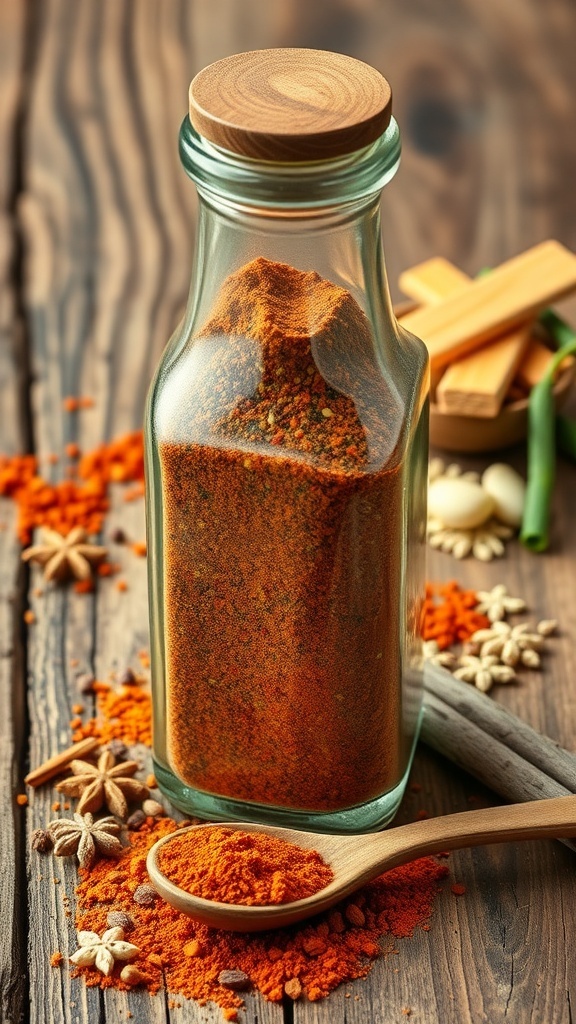 A glass seasoning bottle filled with a colorful spice blend, surrounded by scattered spices on a wooden table.
